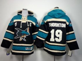 Wholesale Cheap Sharks #19 Joe Thornton Black Sawyer Hooded Sweatshirt Stitched Youth NHL Jersey