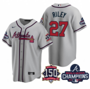 Wholesale Cheap Men's Grey Atlanta Braves #27 Austin Riley 2021 World Series Champions With 150th Anniversary Patch Cool Base Stitched Jersey