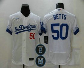 Wholesale Cheap Men\'s Los Angeles Dodgers #50 Mookie Betts White #2 #20 Patch City Connect Flex Base Stitched Jersey