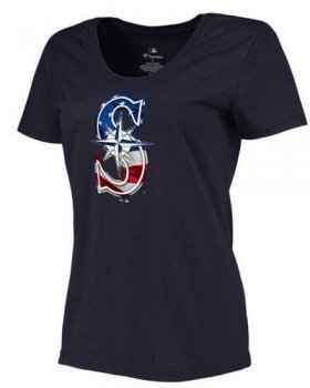 Wholesale Cheap Women\'s Seattle Mariners USA Flag Fashion T-Shirt Navy Blue