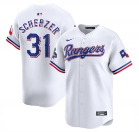 Men\'s Texas Rangers #31 Max Scherzer White 2023 World Series Champions Stitched Baseball Jersey