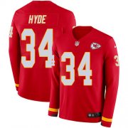 Wholesale Cheap Nike Chiefs #34 Carlos Hyde Red Team Color Men's Stitched NFL Limited Therma Long Sleeve Jersey