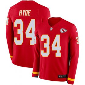 Wholesale Cheap Nike Chiefs #34 Carlos Hyde Red Team Color Men\'s Stitched NFL Limited Therma Long Sleeve Jersey