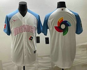Cheap Men\'s Mexico Baseball Big Logo 2023 White Blue World Classic Stitched Jersey