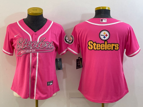 Wholesale Cheap Women\'s Pittsburgh Steelers Pink Team Big Logo With Patch Cool Base Stitched Baseball Jersey