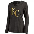 Wholesale Cheap Women's Kansas City Royals Gold Collection Long Sleeve V-Neck Tri-Blend T-Shirt Black
