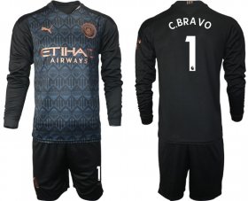 Wholesale Cheap Men 2020-2021 club Manchester city home long sleeve 1 black Soccer Jerseys