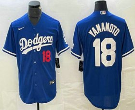 Cheap Men\'s Los Angeles Dodgers #18 Yoshinobu Yamamoto Number Blue Stitched Cool Base Nike Jersey