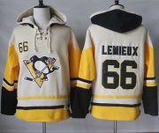 Wholesale Cheap Penguins #66 Mario Lemieux Cream/Gold Sawyer Hooded Sweatshirt Stitched NHL Jersey