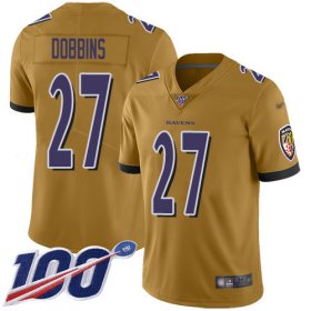 Wholesale Cheap Nike Ravens #27 J.K. Dobbins Gold Men\'s Stitched NFL Limited Inverted Legend 100th Season Jersey