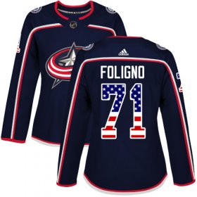 Wholesale Cheap Adidas Blue Jackets #71 Nick Foligno Navy Blue Home Authentic USA Flag Women\'s Stitched NHL Jersey