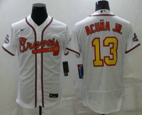 Wholesale Cheap Men\'s Atlanta Braves #13 Ronald Acuna Jr White Gold 2021 World Series Champions Stitched MLB Flex Base Jersey