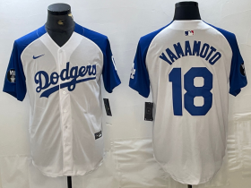 Cheap Men\'s Los Angeles Dodgers #18 Yoshinobu Yamamoto White Blue Fashion Stitched Cool Base Limited Jerseys