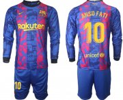 Wholesale Cheap Men's 2021-2022 Club Barcelona Second away blue Long Sleeve 10 Soccer Jersey