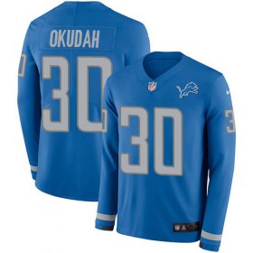 Wholesale Cheap Nike Lions #30 Jeff Okudah Blue Team Color Men\'s Stitched NFL Limited Therma Long Sleeve Jersey