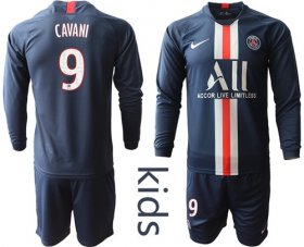 Wholesale Cheap Paris Saint-Germain #9 Cavani Home Long Sleeves Kid Soccer Club Jersey