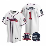 Wholesale Cheap Men Atlanta Braves 1 Ozzie Albies 2021 White World Series With 150th Anniversary Patch Cool Base Stitched Jersey