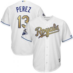 Wholesale Cheap Royals #13 Salvador Perez White 2015 World Series Champions Gold Program Cool Base Stitched Youth MLB Jersey