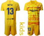 Wholesale Cheap Barcelona #13 Neto Yellow Goalkeeper Kid Soccer Club Jersey