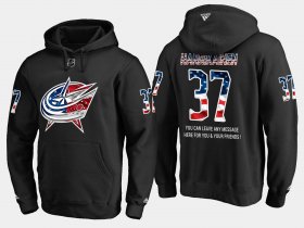 Wholesale Cheap Blue Jackets #37 Markus Hannikainen NHL Banner Wave Usa Flag Black Hoodie