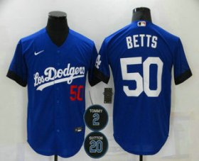 Wholesale Cheap Men\'s Los Angeles Dodgers #50 Mookie Betts Blue #2 #20 Patch City Connect Number Cool Base Stitched Jersey