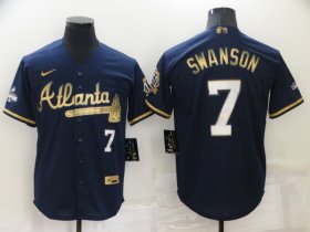 Wholesale Cheap Men\'s Atlanta Braves #7 Dansby Swanson Navy Blue 2021 World Series Champions Golden Edition Stitched Cool Base Nike Jersey