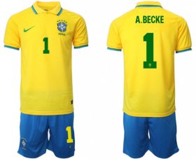 Cheap Men\'s Brazil #1 A. Becke Yellow Home Soccer Jersey Suit