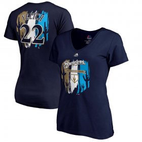 Wholesale Cheap Milwaukee Brewers #22 Christian Yelich Majestic Women\'s 2019 Spring Training Name & Number V-Neck T-Shirt Navy