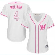 Wholesale Cheap Brewers #4 Paul Molitor White/Pink Fashion Women's Stitched MLB Jersey