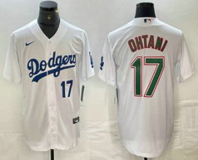 Cheap Men\'s Los Angeles Dodgers #17 Shohei Ohtani Number White Green Stitched Cool Base Nike Jerseys