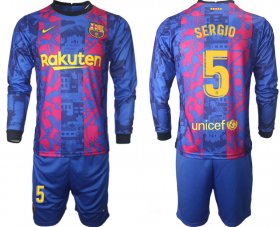 Wholesale Cheap Men 2021-2022 Club Barcelona Second away blue Long Sleeve 5 Soccer Jersey