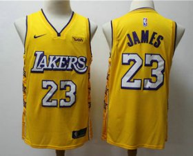 Wholesale Cheap Men\'s Los Angeles Lakers #23 LeBron James Yellow 2020 Nike City Edition Swingman Jersey With The Sponsor Logo