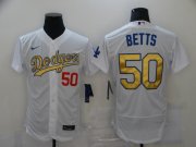 Wholesale Cheap Men's Los Angeles Dodgers #50 Mookie Betts White Gold Sttiched Nike MLB Flex Base Jersey