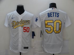 Wholesale Cheap Men\'s Los Angeles Dodgers #50 Mookie Betts White Gold Sttiched Nike MLB Flex Base Jersey