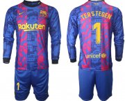 Wholesale Cheap Men 2021-2022 Club Barcelona Second away blue Long Sleeve 1 Soccer Jersey