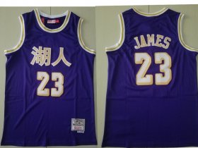 Wholesale Cheap Men\'s Los Angeles Lakers #23 Lebron James Purple Chinese Hardwood Classics Soul Swingman Throwback Jersey