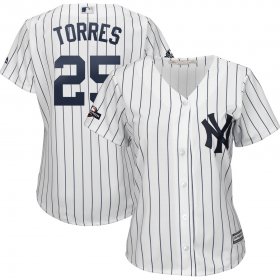 Wholesale Cheap New York Yankees #25 Gleyber Torres Majestic Women\'s 2019 Postseason Official Cool Base Player Jersey White Navy