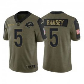 Wholesale Cheap Men\'s Los Angeles Rams #5 Jalen Ramsey Olive 2021 Salute To Service Limited Stitched Jersey