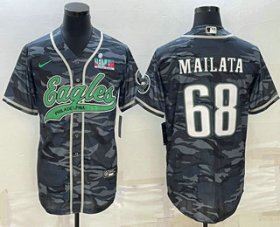 Cheap Men\'s Philadelphia Eagles #68 Jordan Mailata Grey Camo With Super Bowl LVII Patch Cool Base Stitched Baseball Jersey