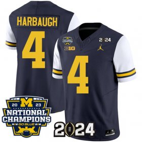 Cheap Men\'s Michigan Wolverines #4 Jim Harbaugh Navy White 2024 F.U.S.E. With 2023 National Champions Patch Stitched Jersey