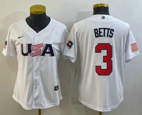 Cheap Women\'s USA Baseball #3 Mookie Betts 2023 White World Classic Replica Stitched Jersey