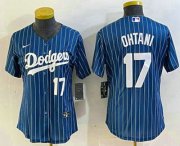 Cheap Women's Los Angeles Dodgers #17 Shohei Ohtani Number Blue Pinstripe Cool Base Stitched Baseball Jersey