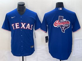 Men\'s Texas Rangers Royal 2023 World Series Champions Big Logo Cool Base Stitched Baseball Jersey