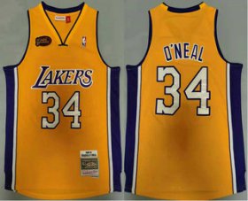 Wholesale Cheap Men\'s Los Angeles Lakers #34 Shaquille O\'neal Yellow Finals Patch 2000-01 Hardwood Classics Soul Swingman Throwback Jersey