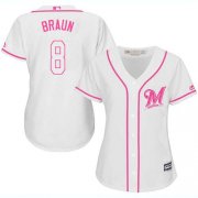 Wholesale Cheap Brewers #8 Ryan Braun White/Pink Fashion Women's Stitched MLB Jersey