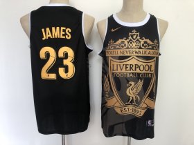 Wholesale Cheap Men\'s Los Angeles Lakers #23 LeBron James Liverpool Black Golden Edition Nike Swingman Jersey