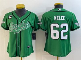 Cheap Women\'s Philadelphia Eagles #62 Jason Kelce Green With 4-Star C Patch Cool Base Stitched Baseball Jersey(Run Small)