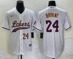 Wholesale Cheap Men\'s Los Angeles Lakers #24 Kobe Bryant White Pinstripe With Patch Cool Base Stitched Baseball Jersey2