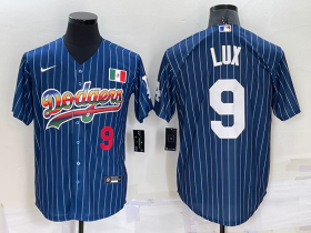 Wholesale Cheap Mens Los Angeles Dodgers #9 Gavin Lux Number Rainbow Blue Red Pinstripe Mexico Cool Base Nike Jersey