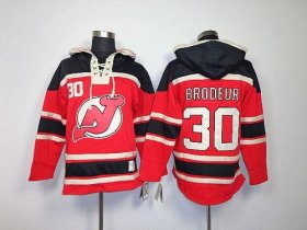 Wholesale Cheap Devils #30 Martin Brodeur Red Sawyer Hooded Sweatshirt Embroidered NHL Jersey